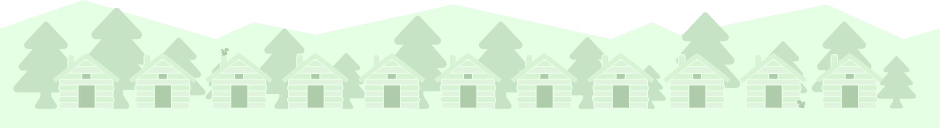 Illustration of cottages in a wooded area.